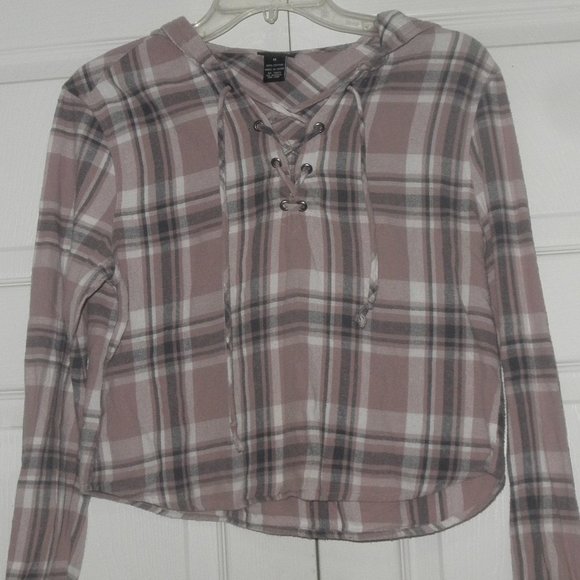 Cropped Flannel Lace Up Hoodie - Picture 1 of 3
